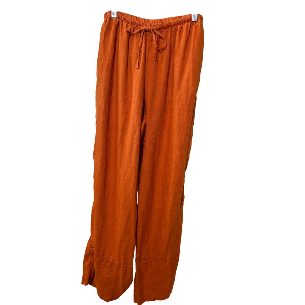 Zara Women Burnt Orange 100% Linen Wide Leg Drawstring Pants Size Small S Boho - Picture 4 of 13